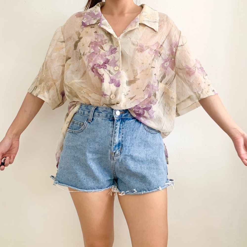 Vintage Oversized Sheer Purple Floral Shirt